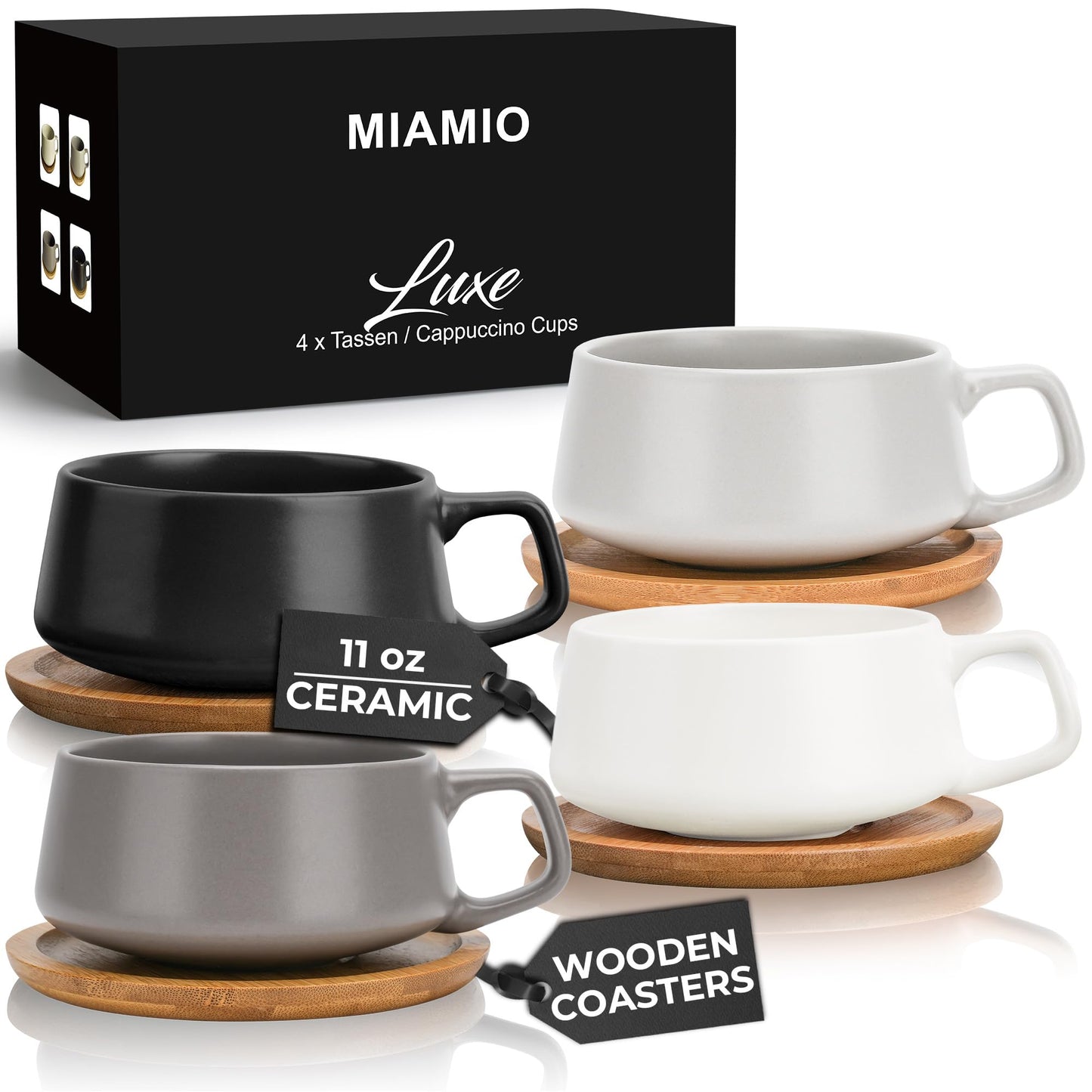 MIAMIO โ 11 Oz. Set of 4 Ceramic Tea Cup and Saucer Bamboo/Tea Mug - Wide Cappuccino Cup Coffee Cups Ceramic Mug for Cappuccino Latte Espresso & Americano - Luxe Collection (Classic Pastel)