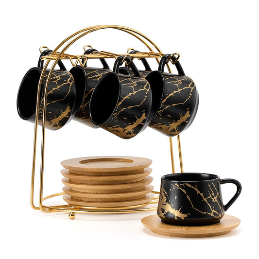 LUKA Ceramic Espresso Cups with Saucers and Metal Stand Small 4 oz Porcelain Demitasse Cups Set of 6 Cute Cappuccino Coffee Cups for Double Espresso Tea Marbling Black