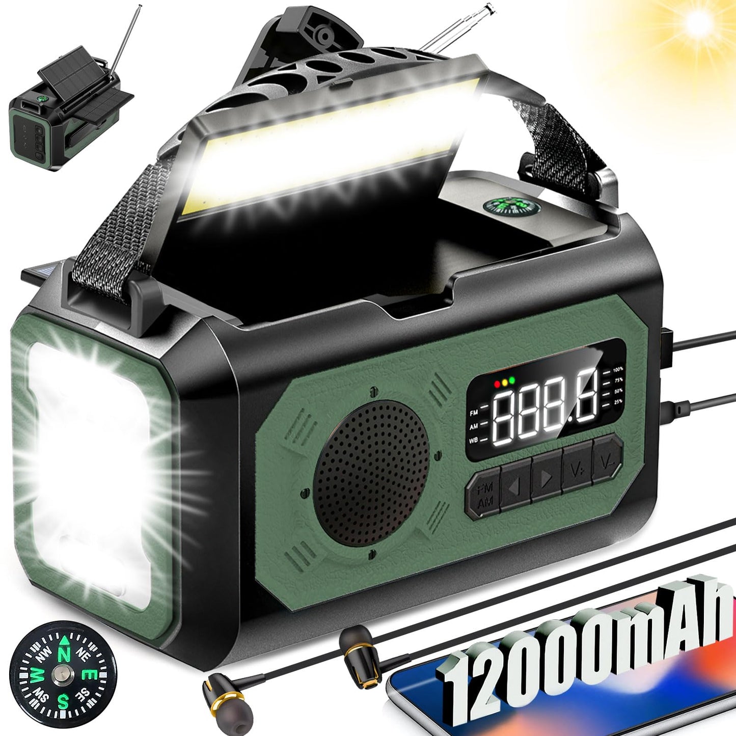 44400mWh/12000mAh Emergency Radio Hand Crank Radio Portable Solar Radio AM/FM/NOAA Weather Radio with 2 Solar Panels3 Charging MethodsSOS AlarmFlashlightPhone ChargerCompassReading Lamp