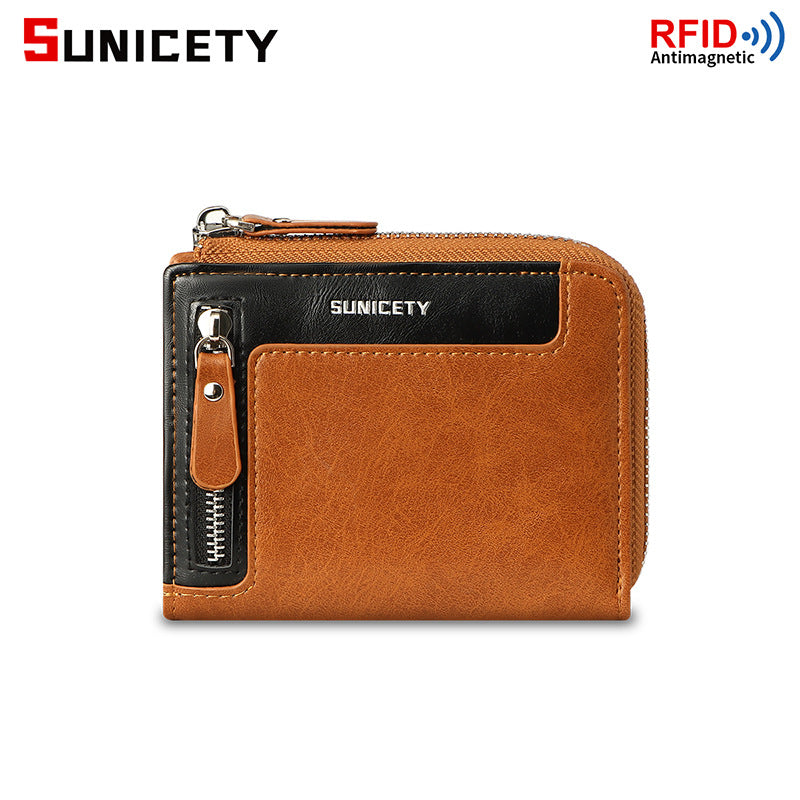 Men's Fashion Leather RFID Wallet with Zipper and ID Holder