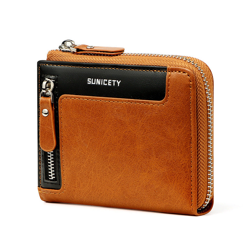 Men's Fashion Leather RFID Wallet with Zipper and ID Holder