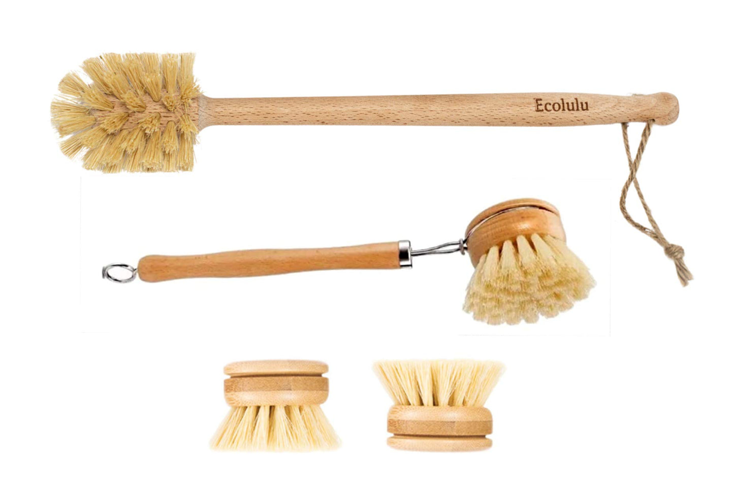 ECOLULU Natural Bamboo Dish Brush & Wood Bottle Brush for Wide Mouth Bottles Cups and Jars 2 Replacement Heads included (4 units total) Biodegradable Eco Friendly Products