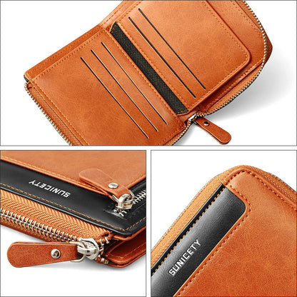 Men's Fashion Leather RFID Wallet with Zipper and ID Holder
