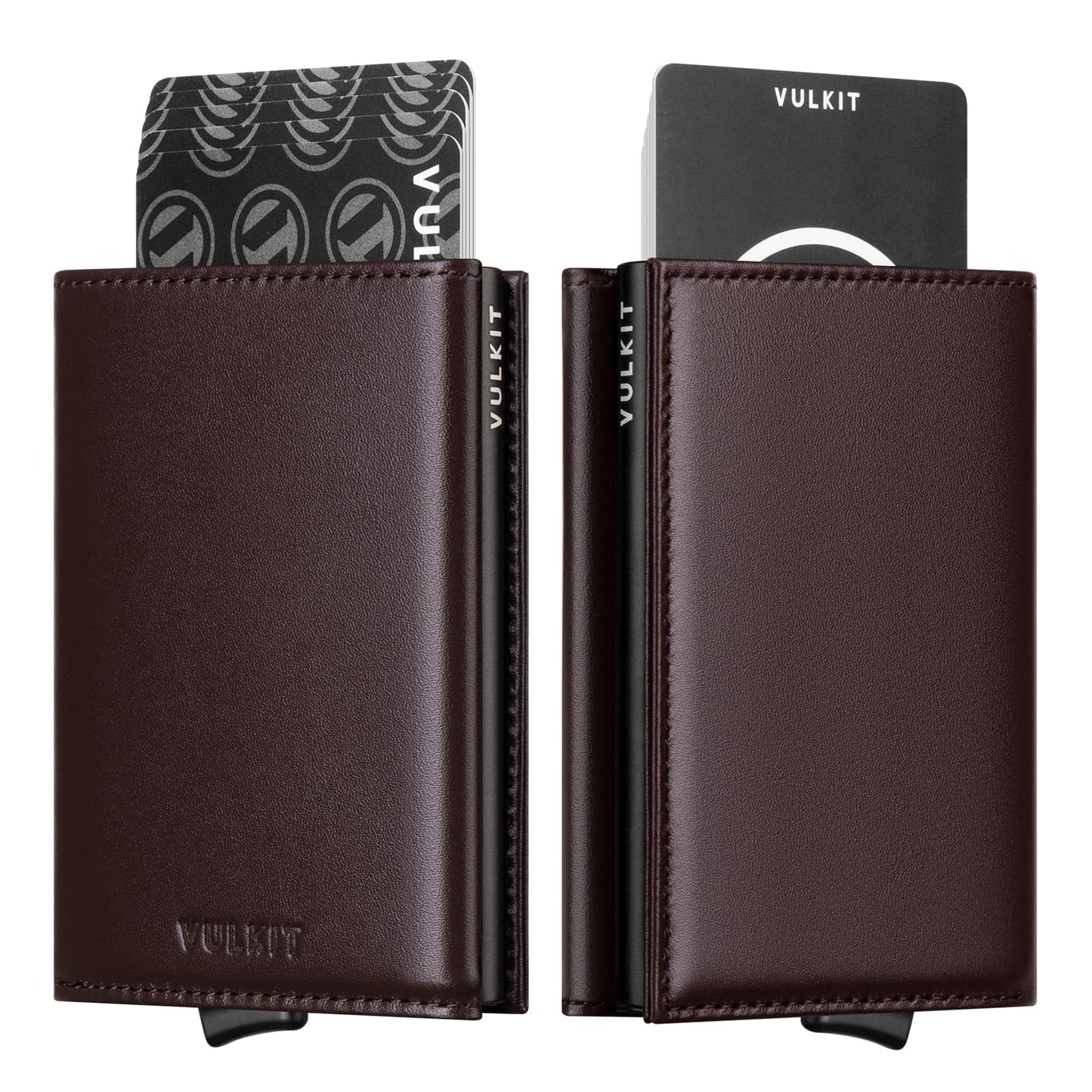 VULKIT Mens Wallet Top-Grain Cowhide Genuine Leather Credit Card Holder Pop up Card Case RFID Blocking with Banknote Compartment & ID Window