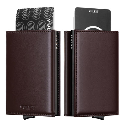 VULKIT Mens Wallet Top-Grain Cowhide Genuine Leather Credit Card Holder Pop up Card Case RFID Blocking with Banknote Compartment & ID Window