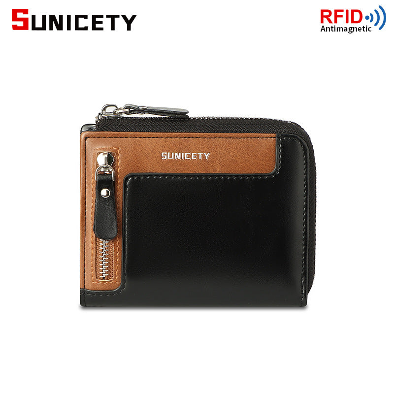 Men's Fashion Leather RFID Wallet with Zipper and ID Holder